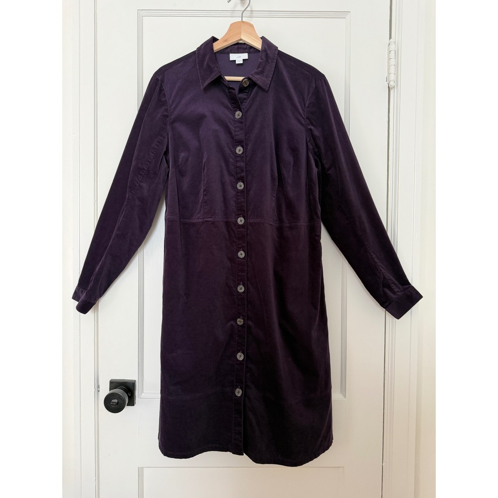 J. Jill M Plum Purple Stretch Velvet Button Front Midi Shirt Dress Cotton Blend - Picture 2 of 12